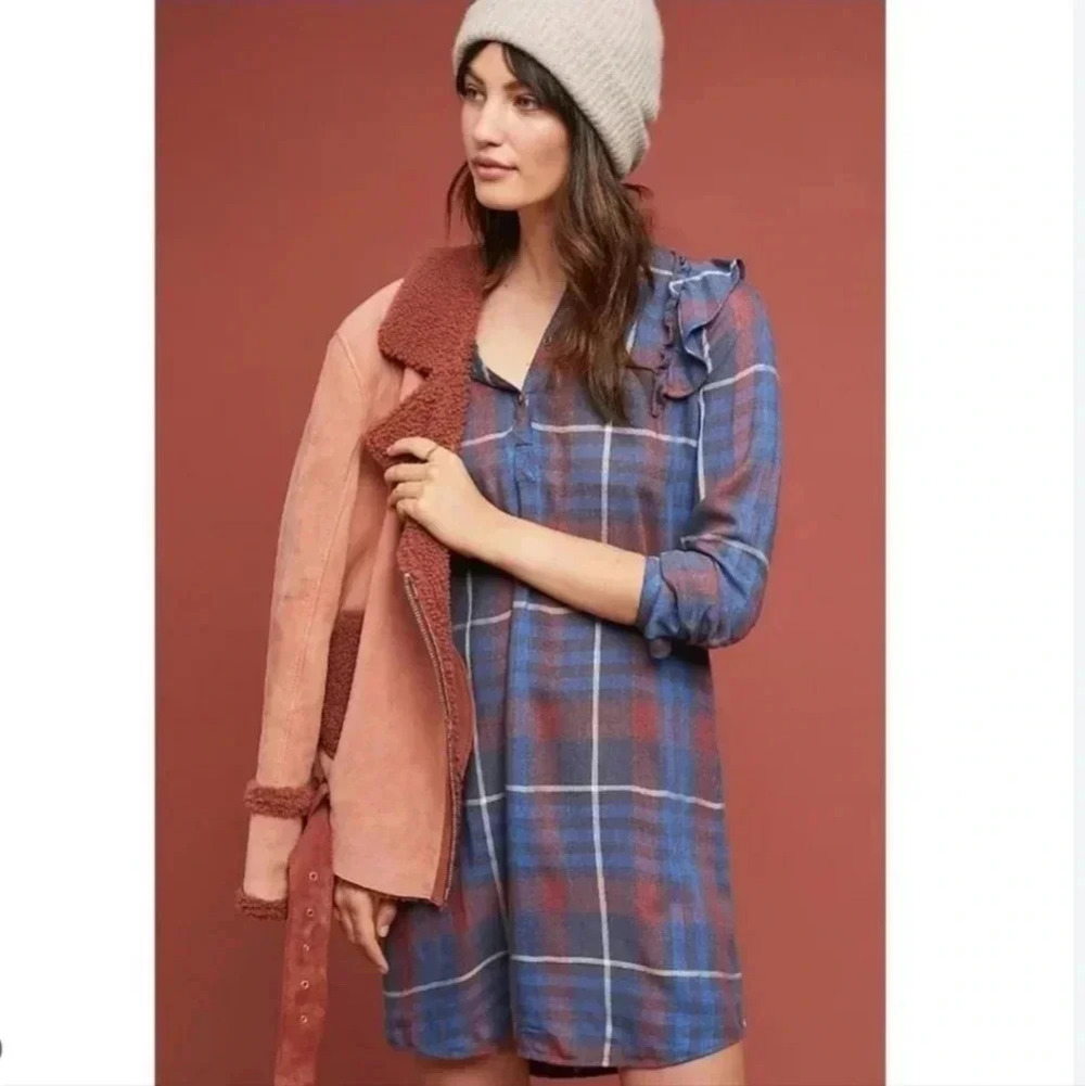 Anthropologie Cloth & Stone Plaid Long Sleeve Ruffle Shirt Tunic Dress(PXS)